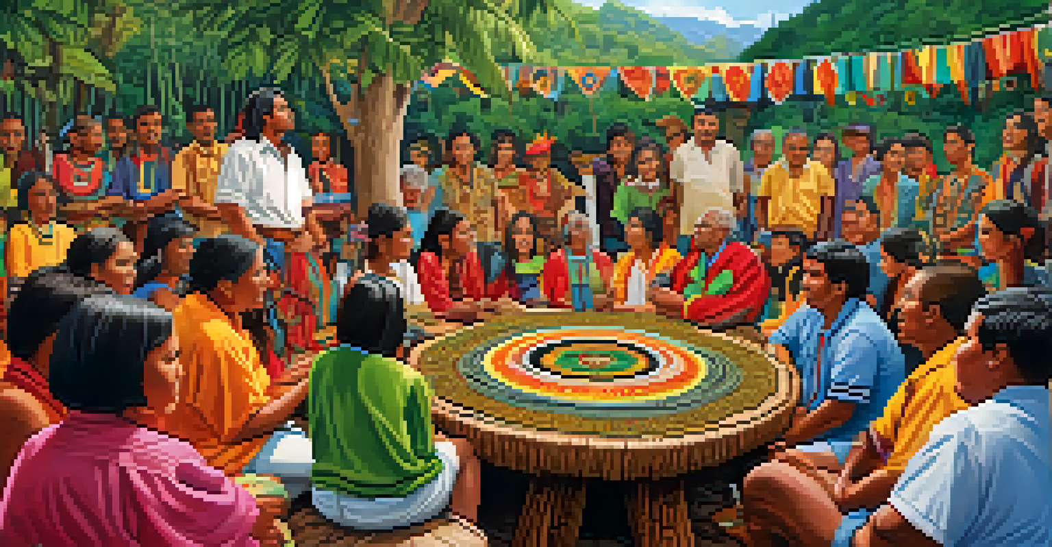 A community gathering with Indigenous artists showcasing their carvings, surrounded by storytelling and traditional attire in a natural setting.