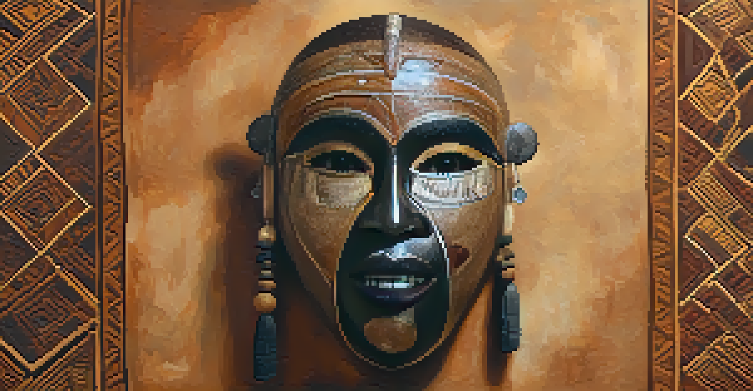 An intricately carved African ceremonial mask with detailed designs, set against a warm background, illuminated by soft lighting.