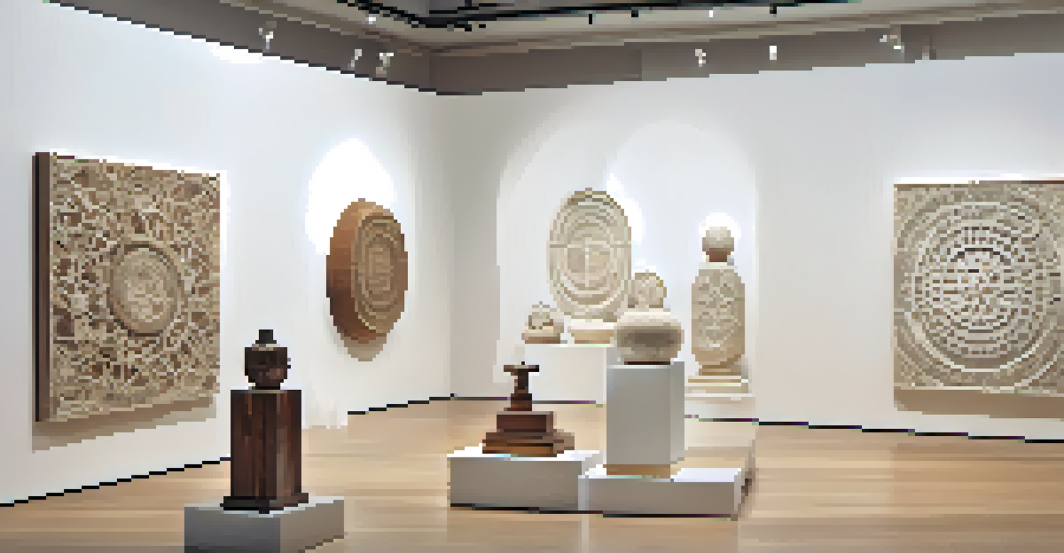 Modern carved sculptures made from reclaimed materials displayed in an art gallery with soft lighting.