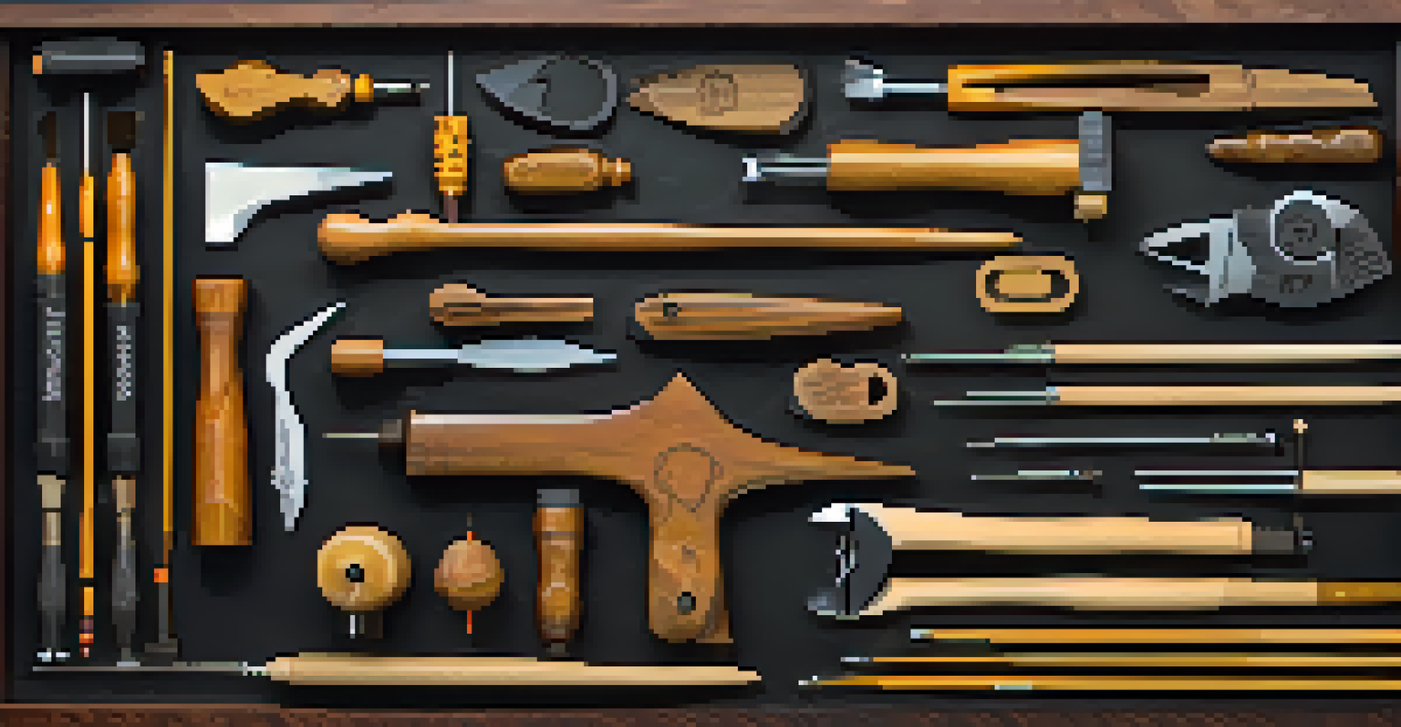A collage of traditional and modern carving tools on a dark background, showcasing hand tools, CNC machines, and laser cutters.