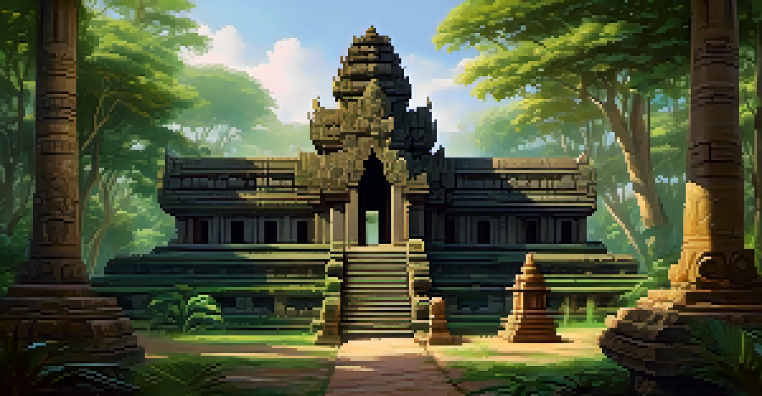 An ancient Khmer temple with detailed stone carvings and tropical plants.