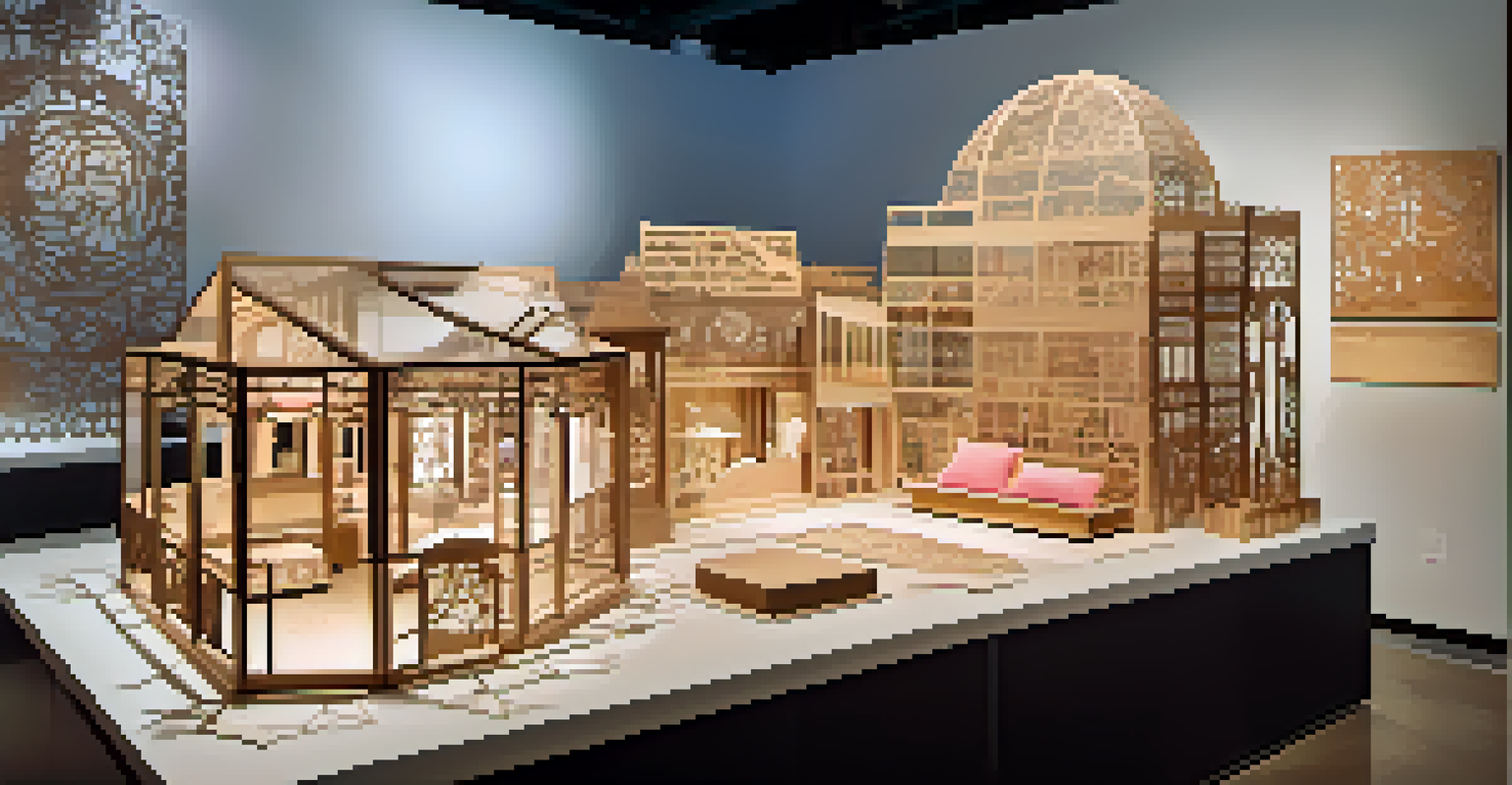 An array of materials cut with a laser cutter, including wood and acrylic, displayed in a modern workshop.