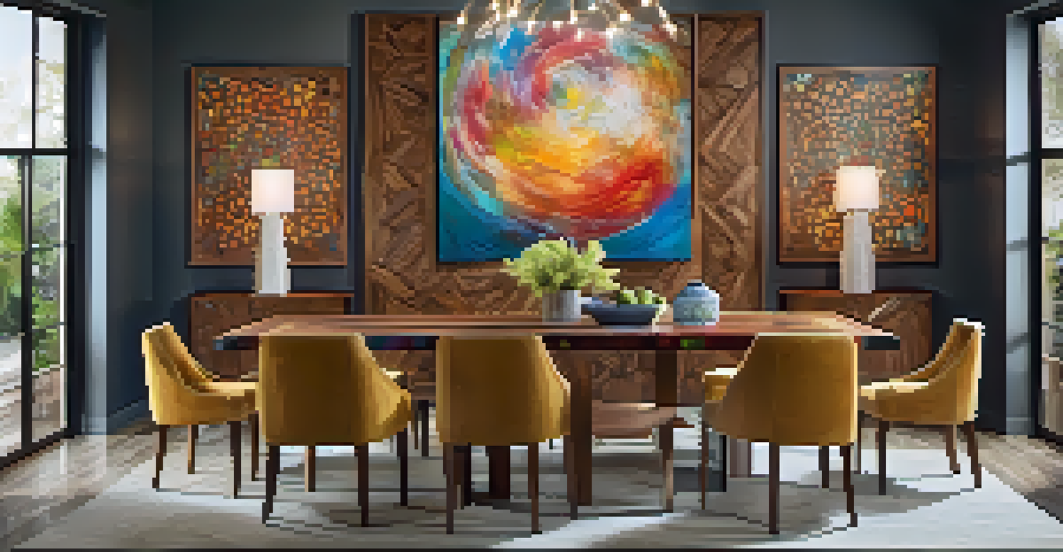 A modern dining room featuring a wooden table with carved designs and colorful resin inlays, showcasing a vibrant contrast against the natural wood under bright lighting.