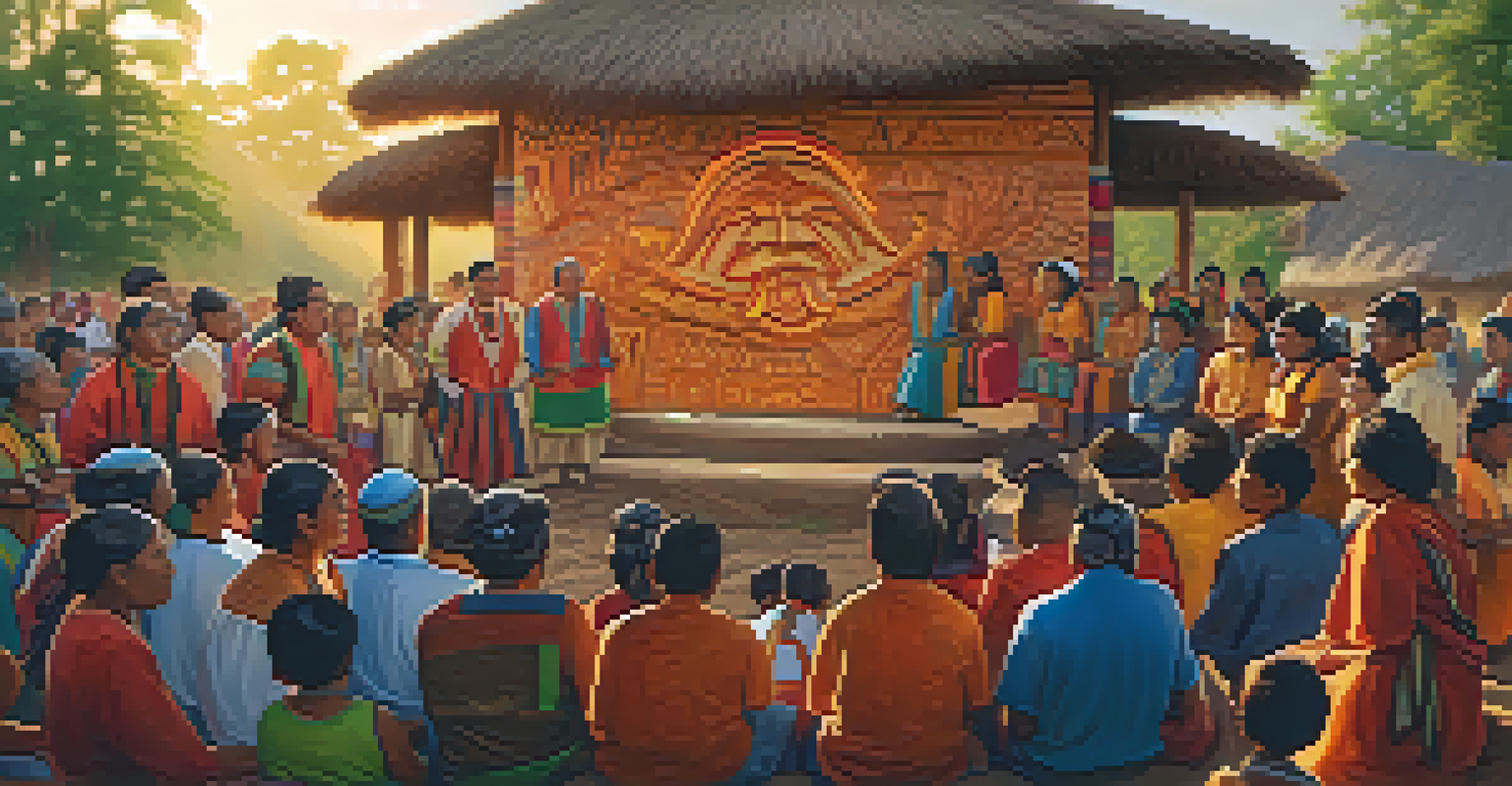 A community gathering celebrating the unveiling of a new carving, with people in traditional clothing and a warm sunset backdrop.