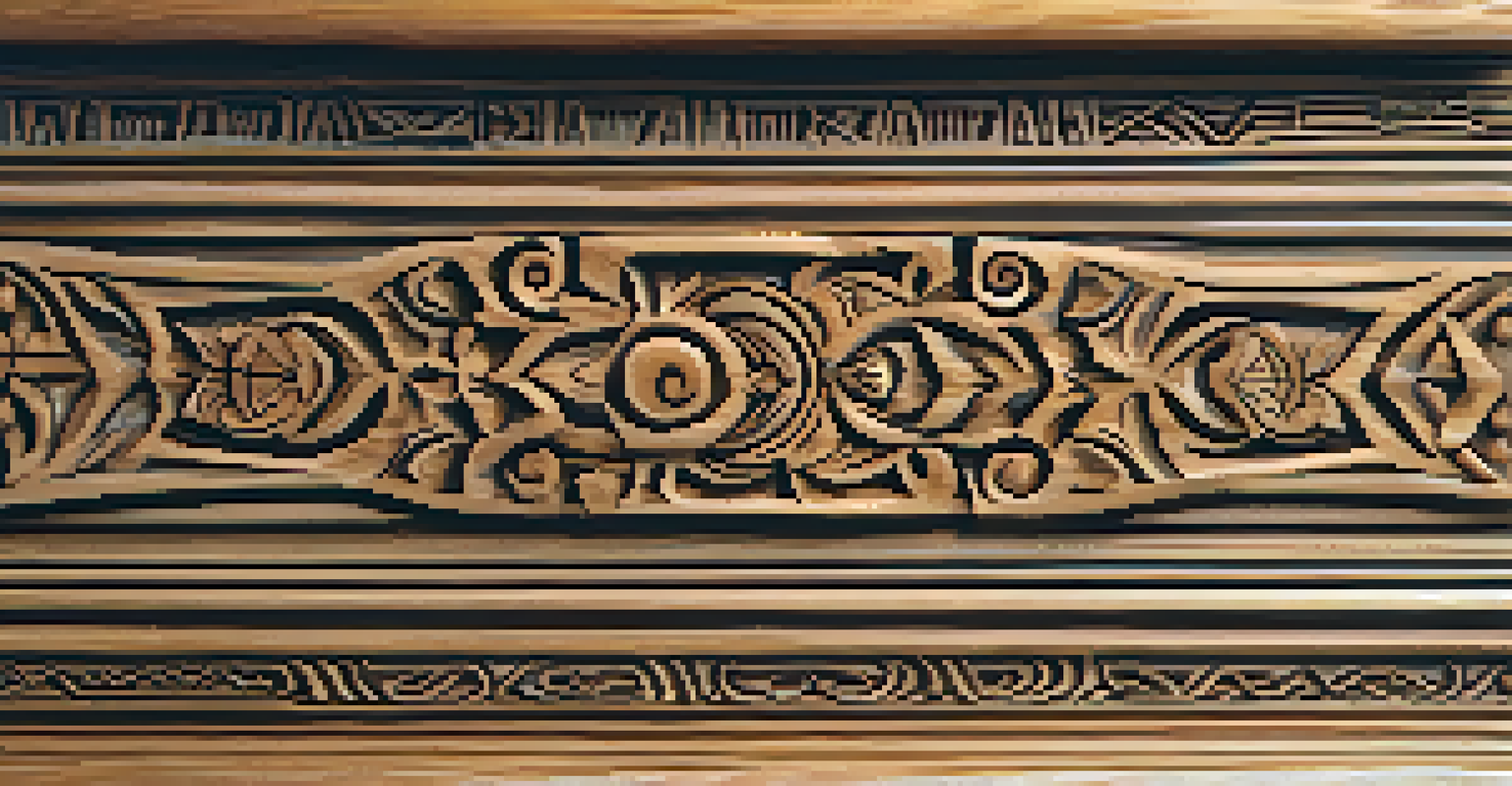 A detailed close-up of a carved wooden piece, featuring intricate designs and the natural grain of the wood.