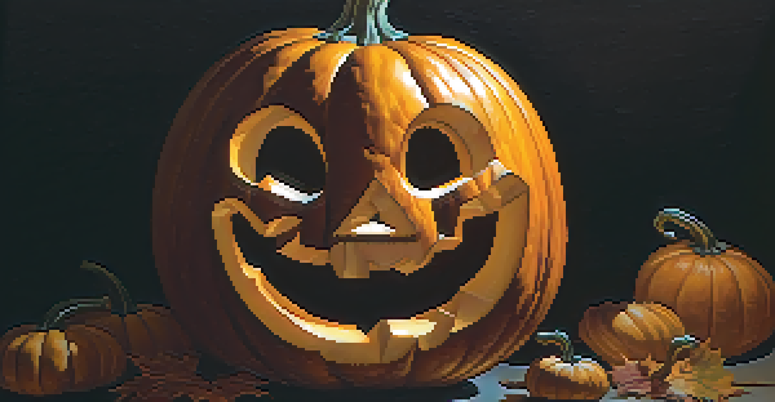 A carved pumpkin with a whimsical face, glowing from within against a dark background, highlighting its intricate details.