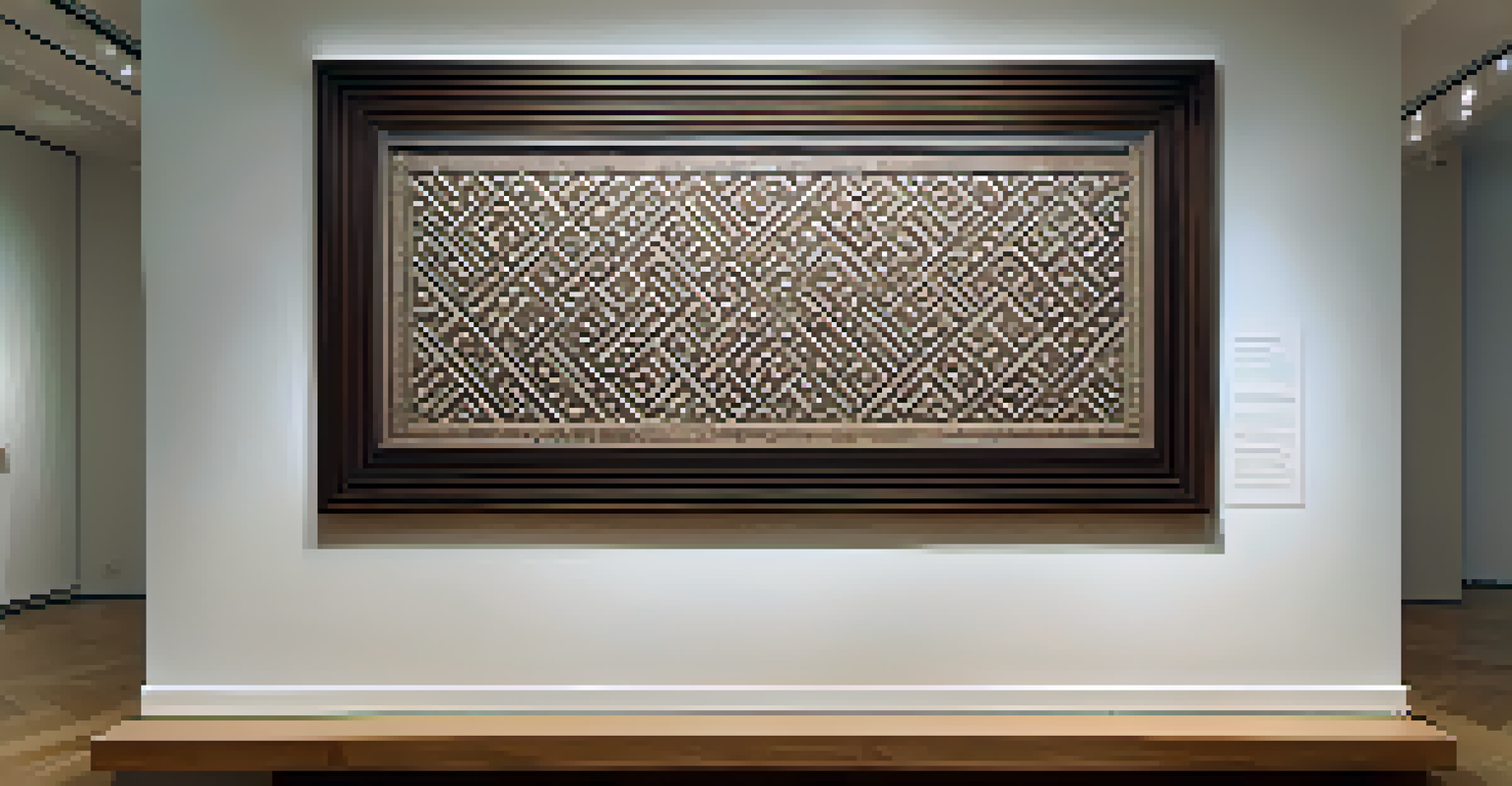 An intricately carved wooden sculpture in an art gallery, illuminated by soft lighting against a white backdrop.