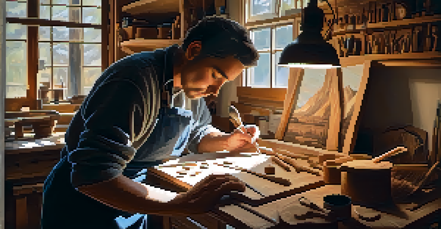 An artist working on a wooden plaque in a cozy workshop, surrounded by carving tools and soft natural light from a window.