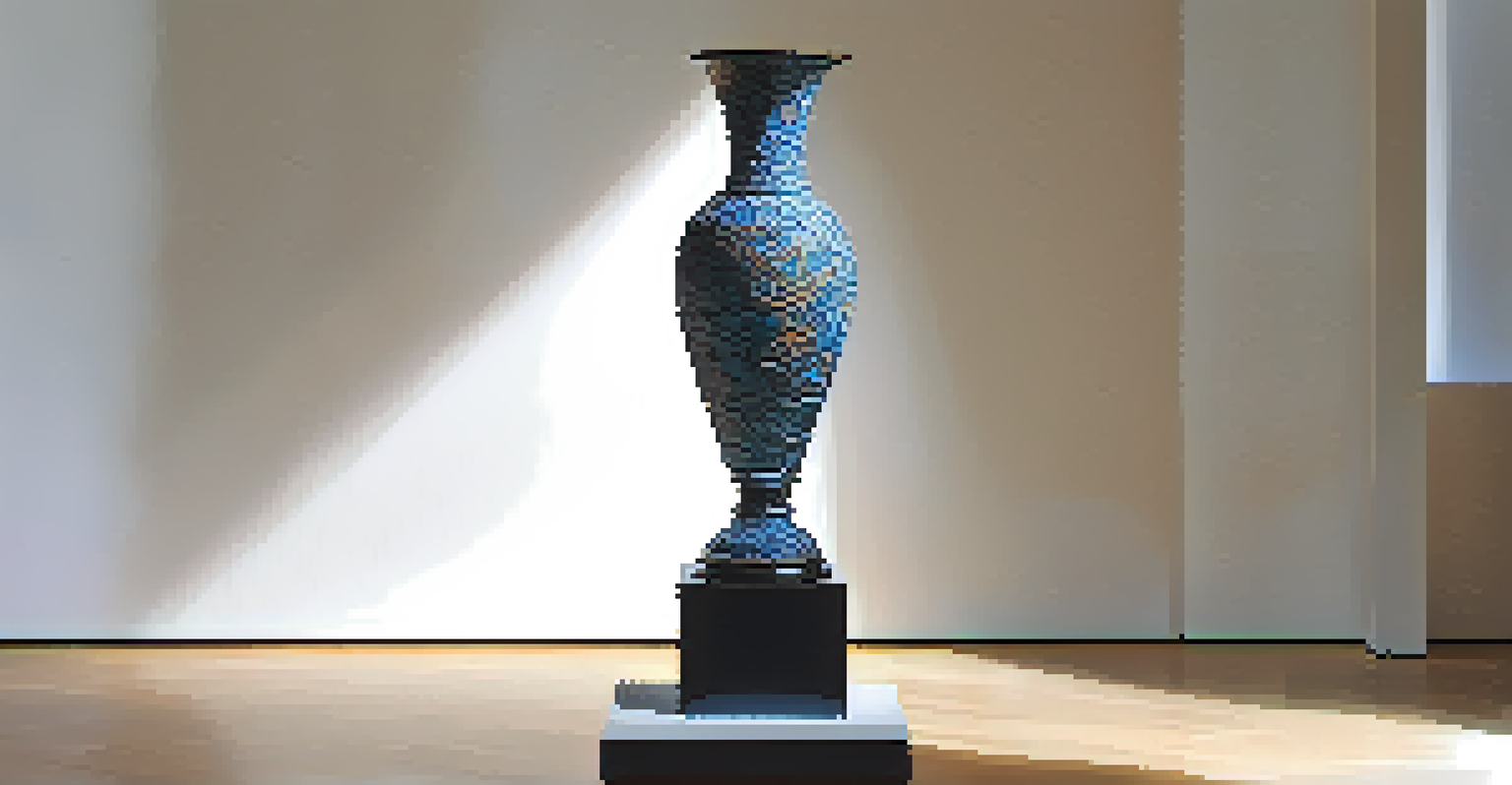 A striking mixed media carving on display in a gallery, combining wood, glass, and recycled materials, illuminated by dramatic lighting.