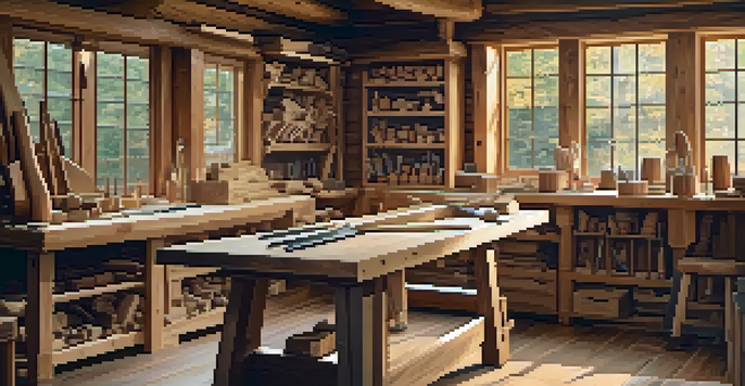 A bright woodworking workshop with a workbench full of spoon carving tools and various types of wood in the background.