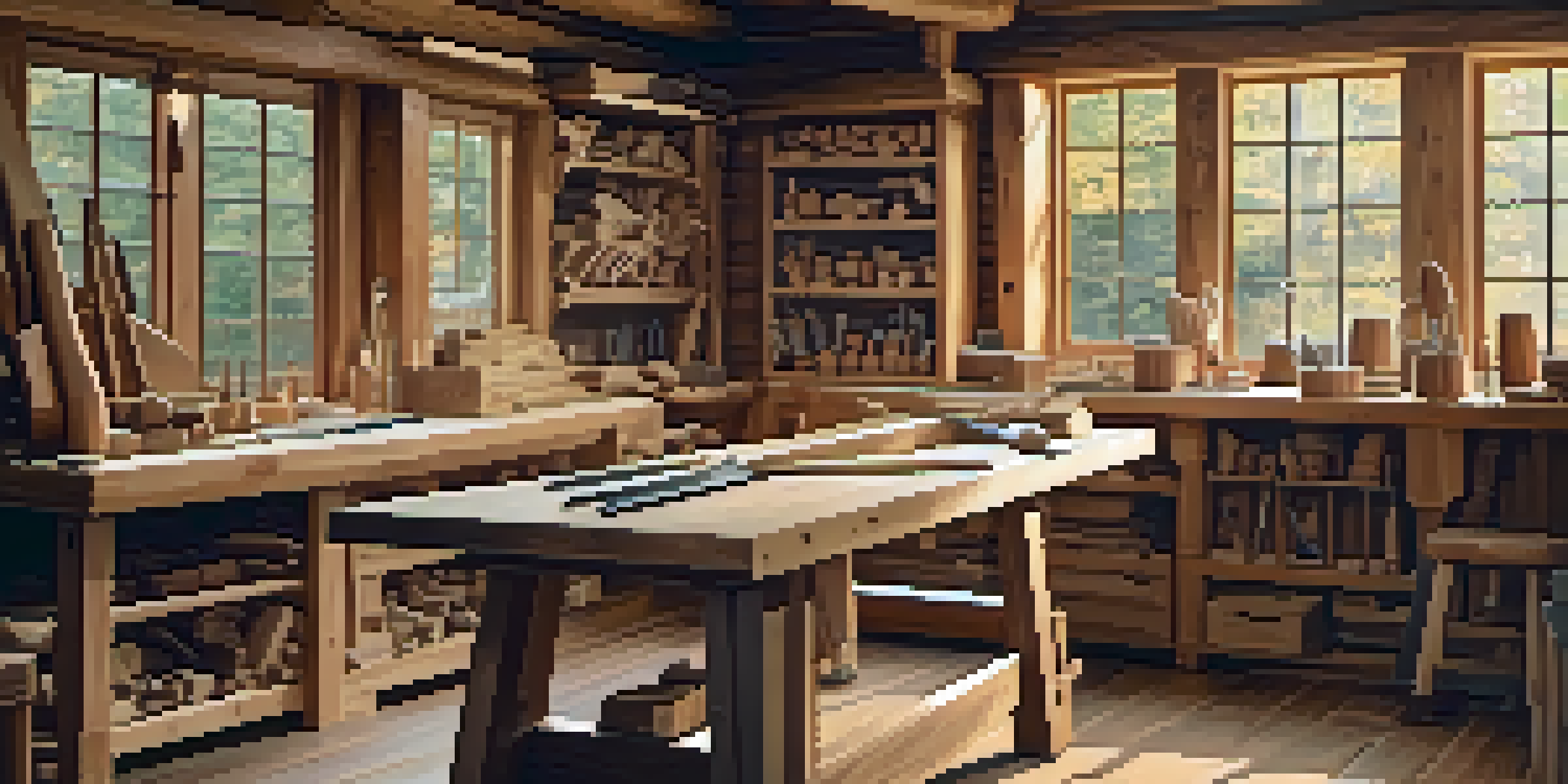 A bright woodworking workshop with a workbench full of spoon carving tools and various types of wood in the background.