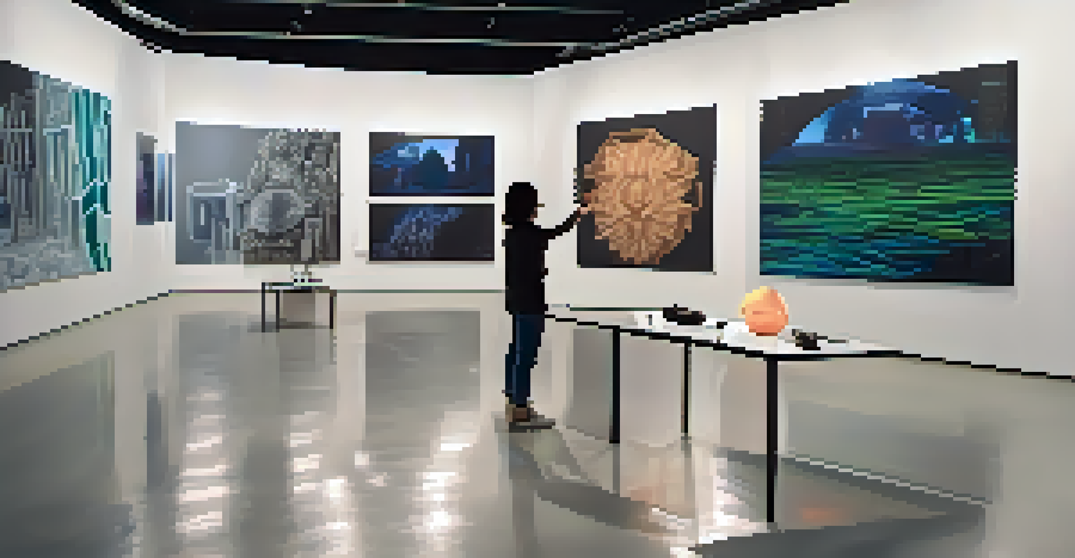 An artist is using augmented reality glasses to visualize digital carvings in a gallery filled with art.