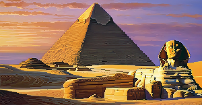 The Great Sphinx of Giza at sunset, with intricate stone carvings and a colorful sky.