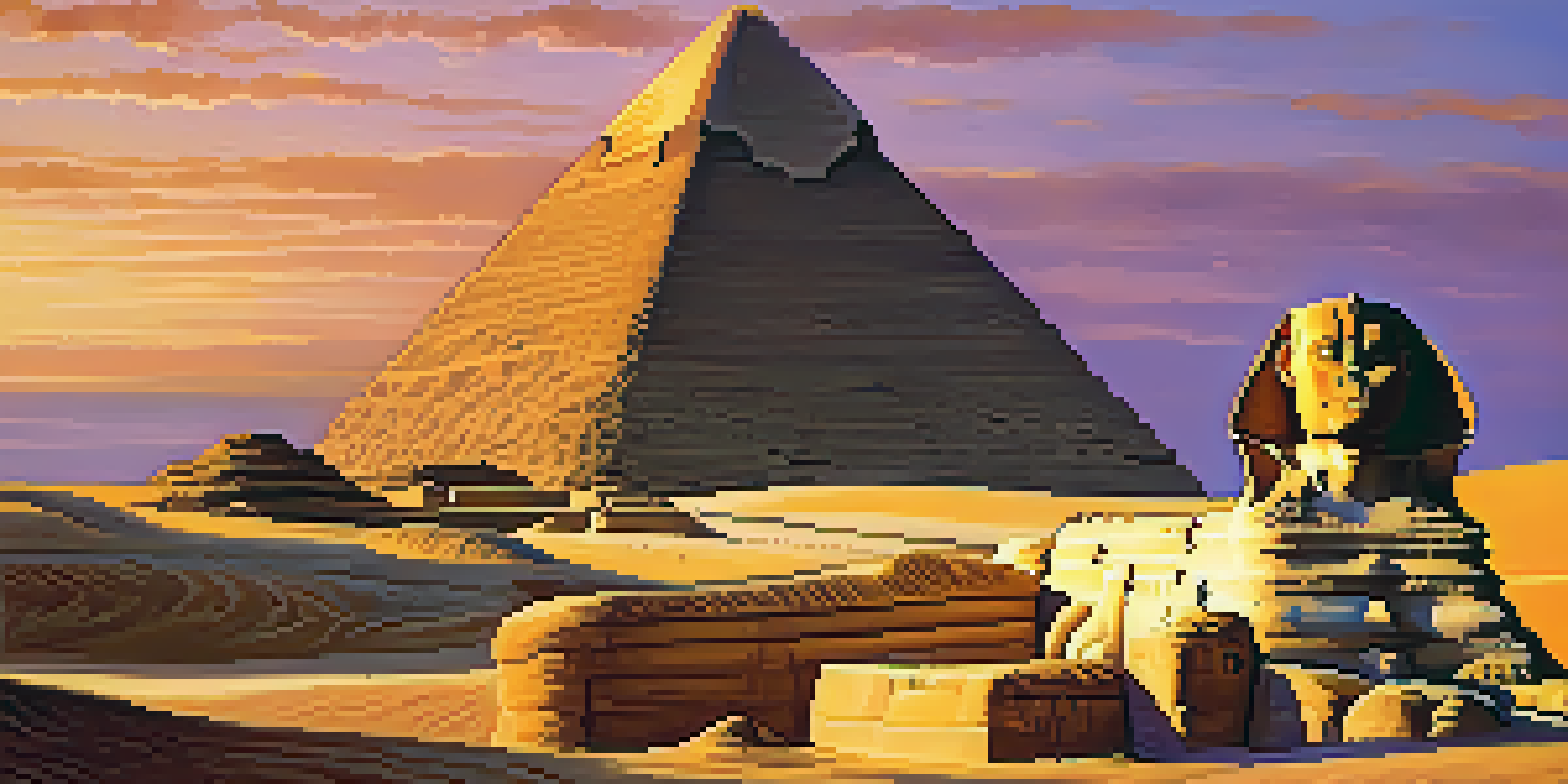 The Great Sphinx of Giza at sunset, with intricate stone carvings and a colorful sky.