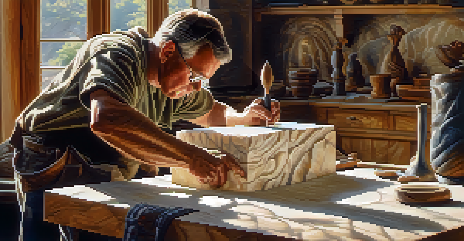 An artist carving a design into natural stone, highlighting the unique patterns and textures of the stone.