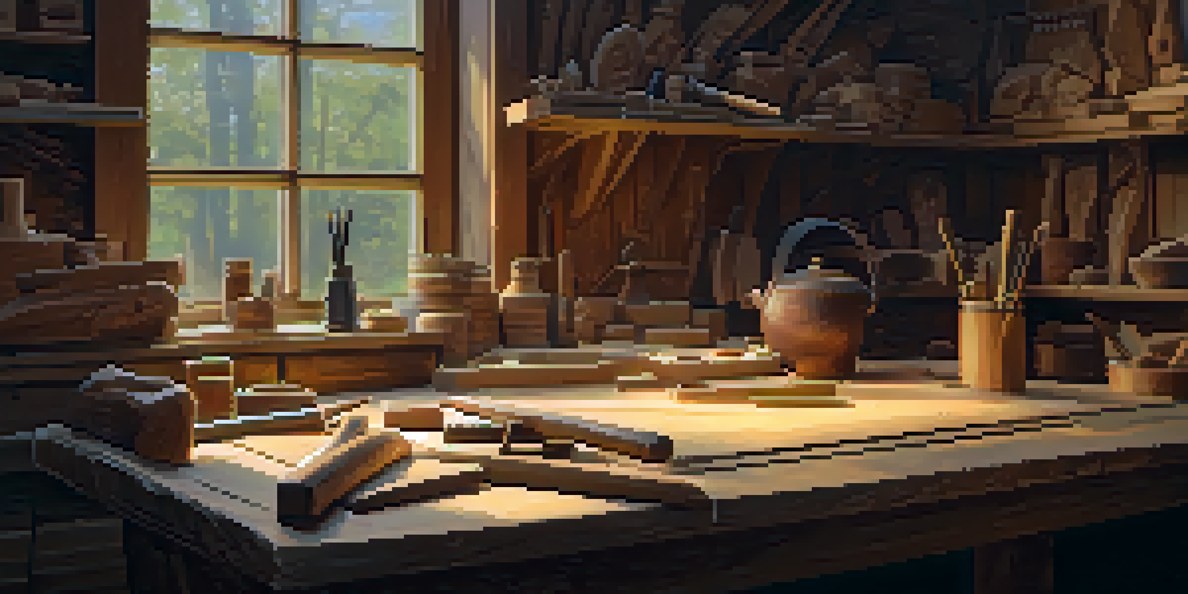 A craftsman working on wood carving in a well-lit workshop, surrounded by tools and scattered wood shavings.