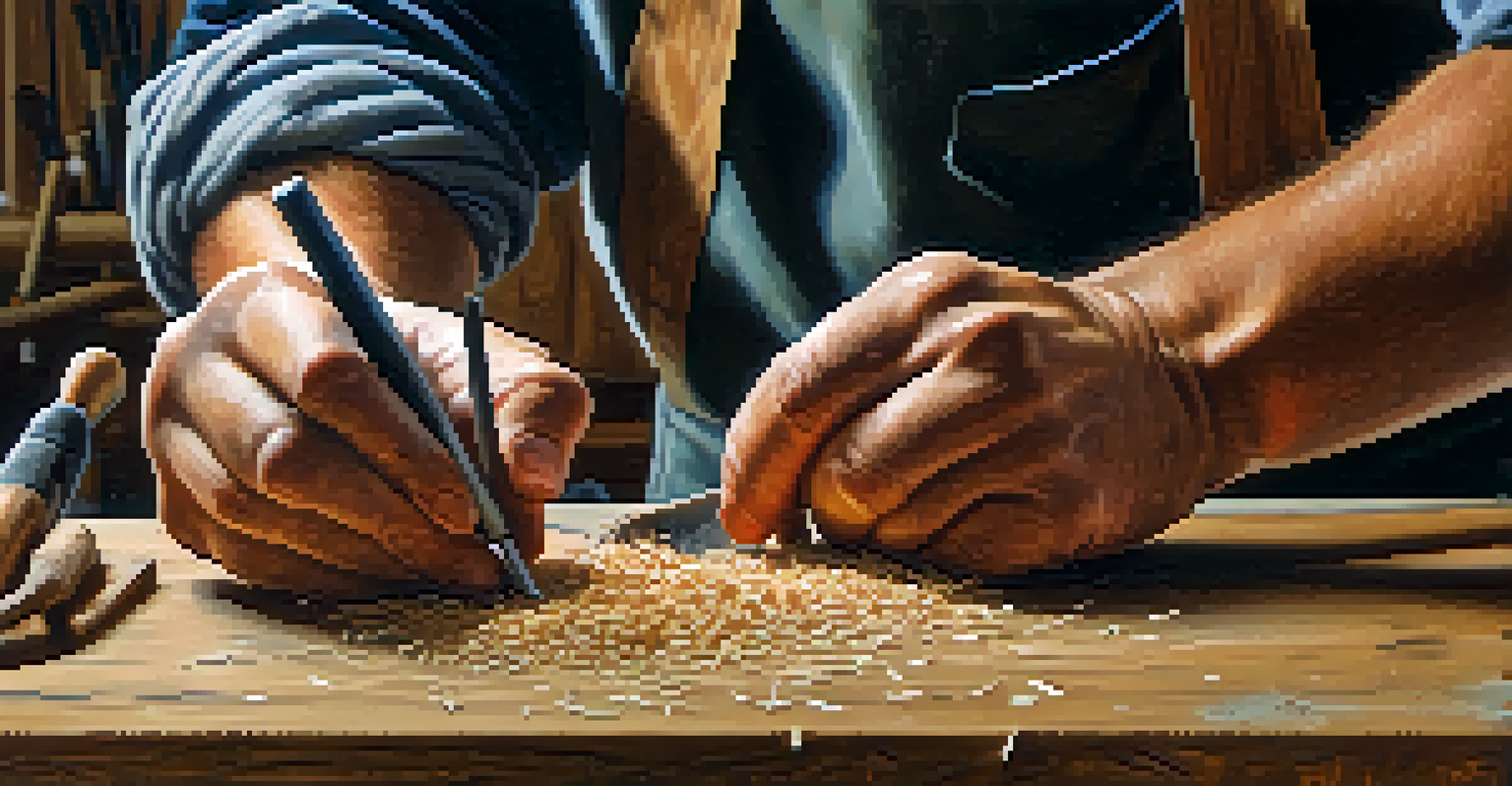 Close-up of an artisan's hands carving wood, showcasing the texture and grains of the material with tools in the background.