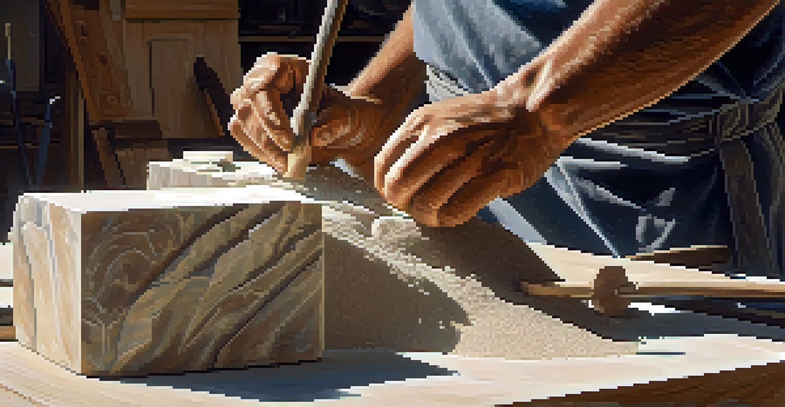 A close-up of a sculptor chiseling a block of marble, with dust in the sunlight and tools scattered in the background.