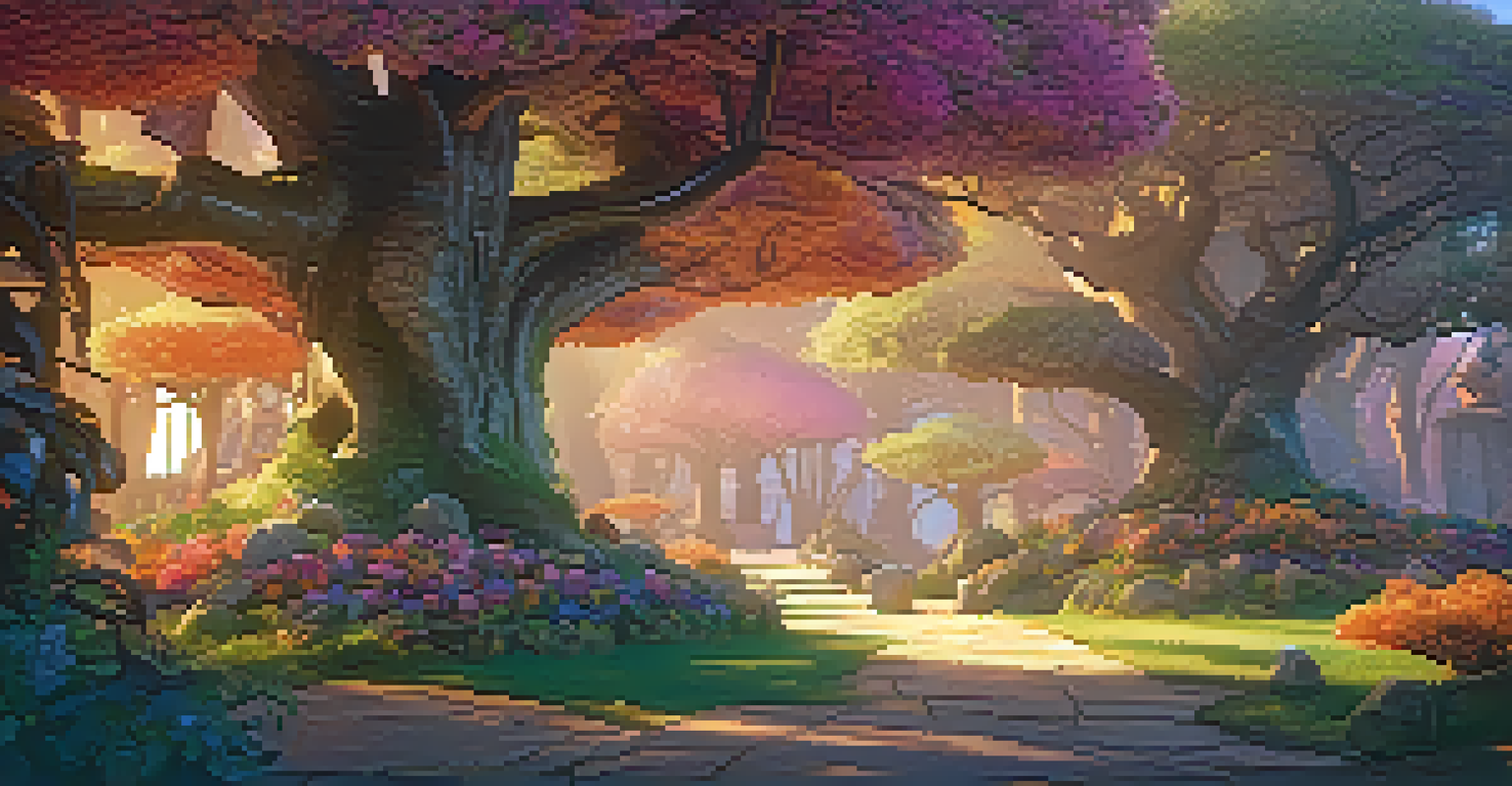 A fantasy film set design with whimsical trees and colorful props, illuminated by warm magical lighting.