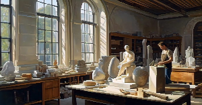 A sculptor working on a marble statue in a warm, light-filled workshop, with tools and unfinished sculptures around.