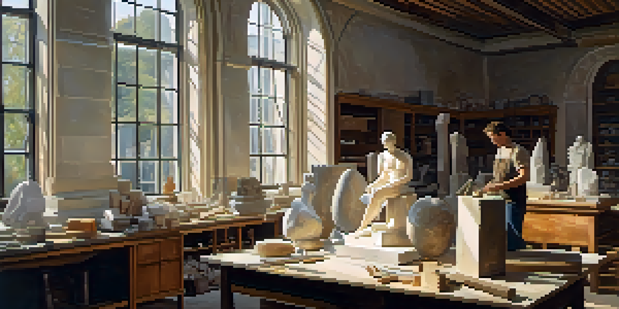 A sculptor working on a marble statue in a warm, light-filled workshop, with tools and unfinished sculptures around.