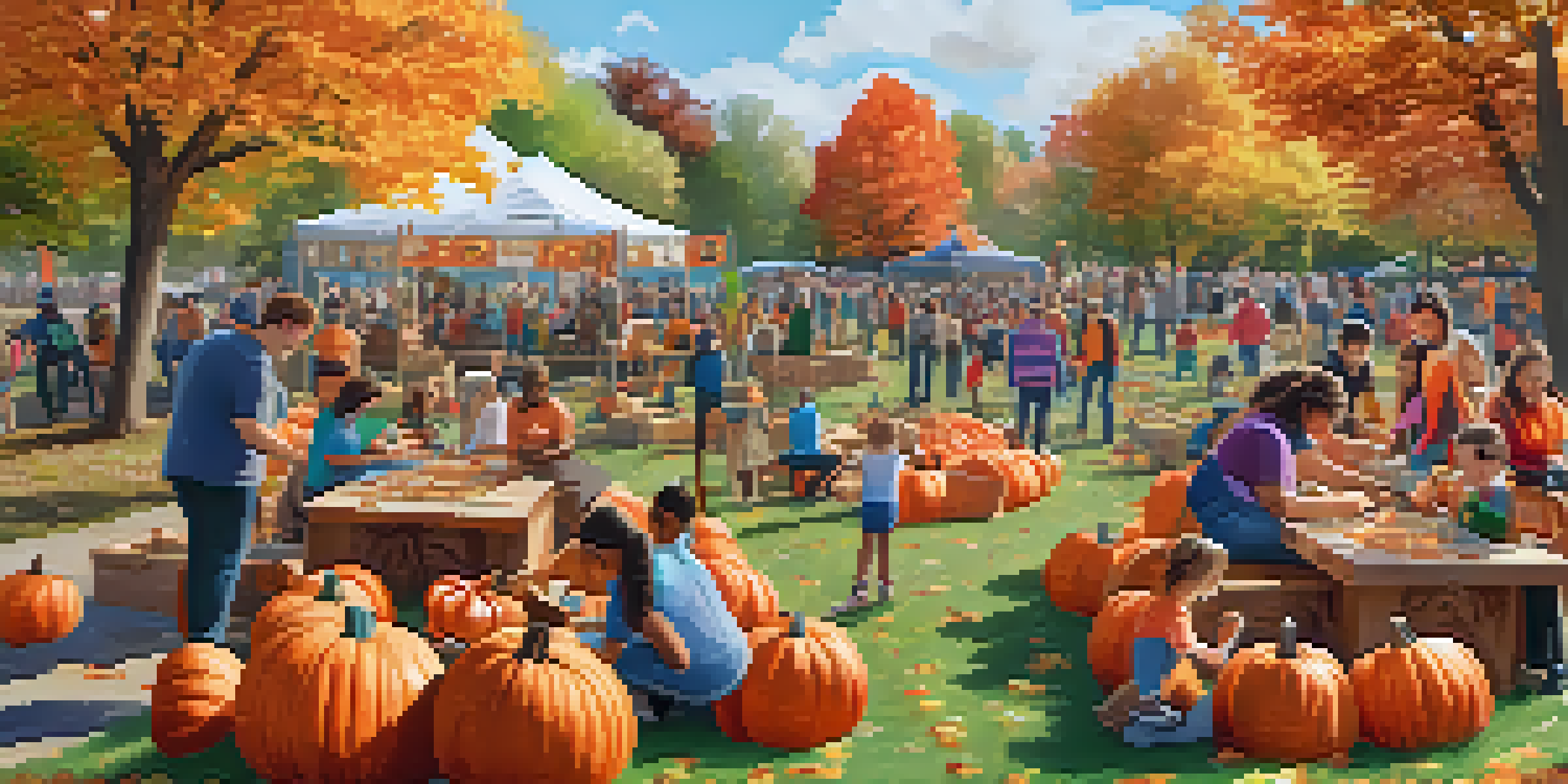 A lively community carving event in a park with families and individuals of different backgrounds carving pumpkins and wood, surrounded by colorful decorations.