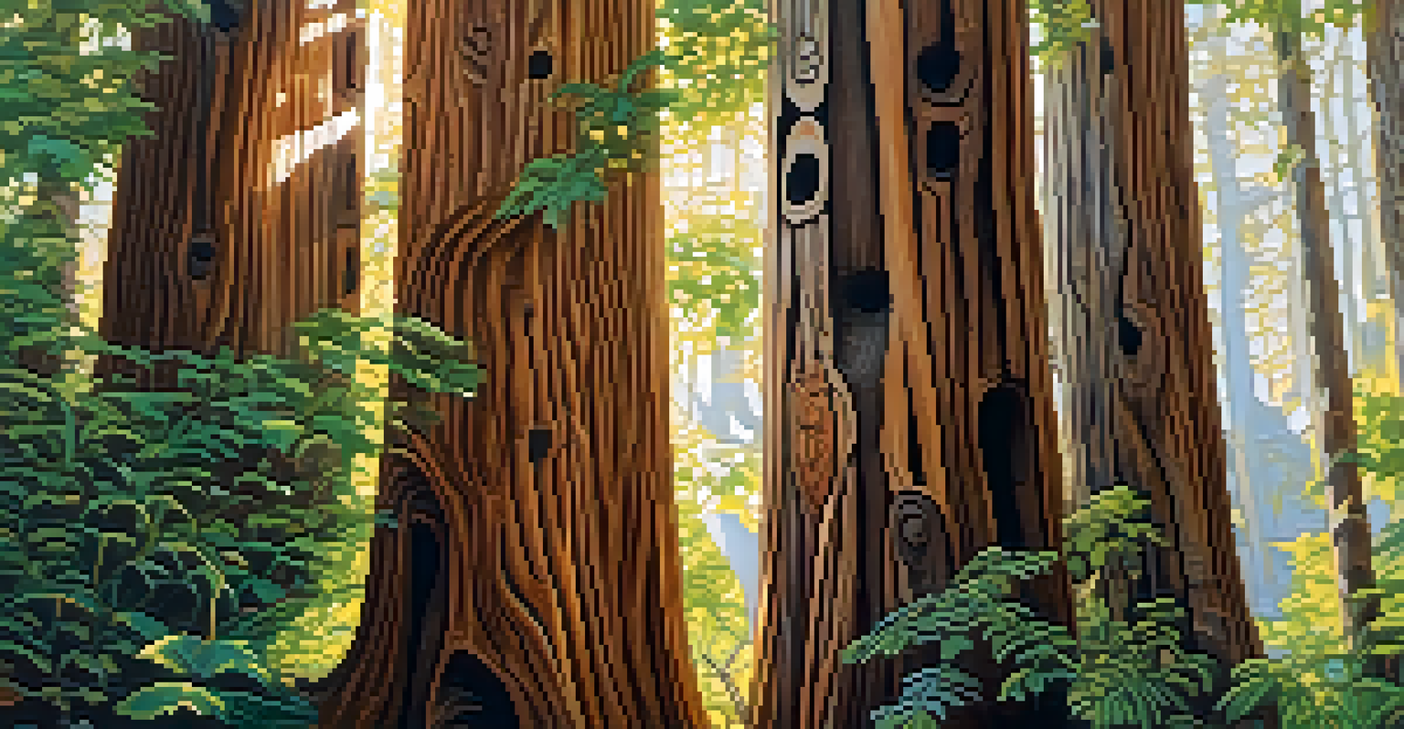 Intricately carved wooden tree trunks with detailed designs, surrounded by green foliage and sunlight.