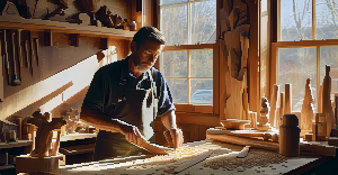 A wood carver in a bright workshop, concentrating on carving a wooden sculpture with tools and wood shavings around.