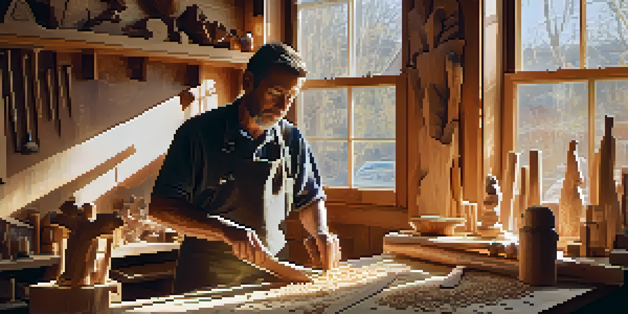 A wood carver in a bright workshop, concentrating on carving a wooden sculpture with tools and wood shavings around.