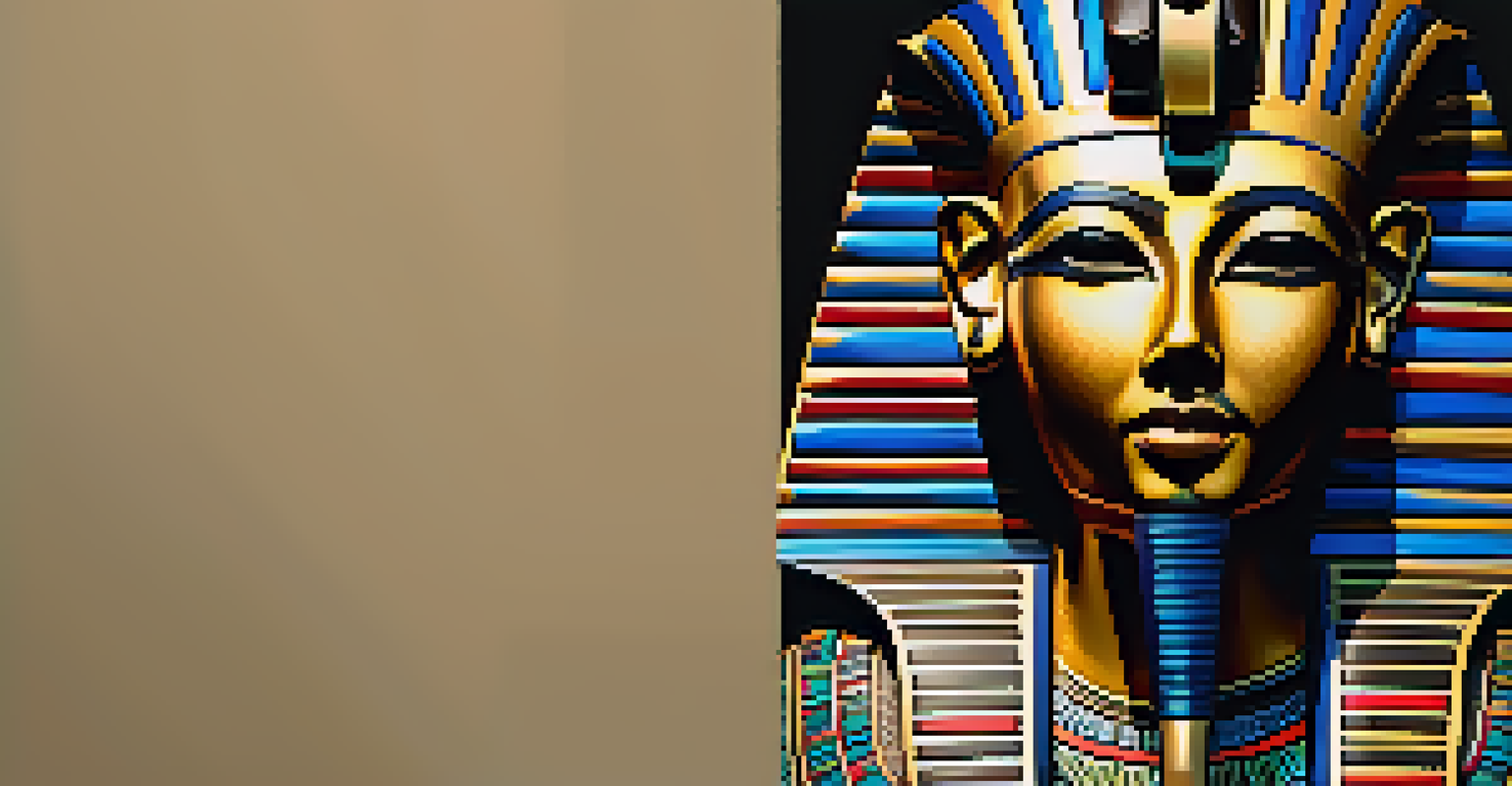 A close-up of an intricately carved ancient Egyptian funerary mask with gold leaf and colorful inlays.