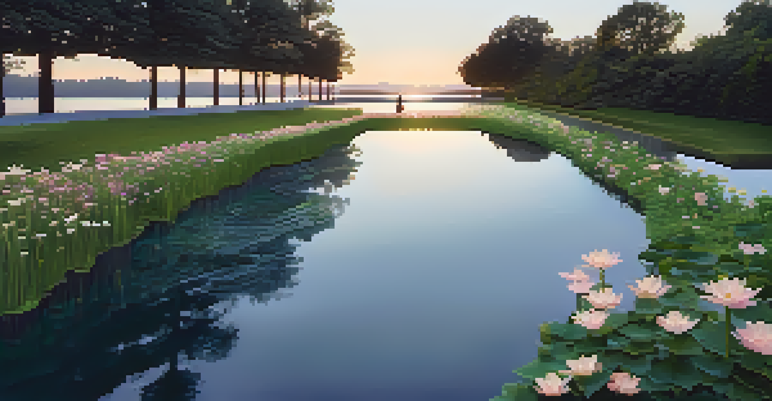 A wide view of an installation with a reflective water surface surrounded by greenery and flowers, featuring projections of endangered species, illuminated by sunset.