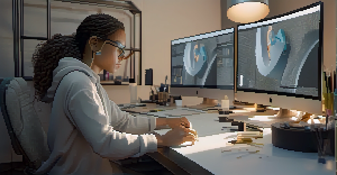 A digital sculptor refining a detailed 3D character model in a modern studio, surrounded by digital screens and sculpting tools.