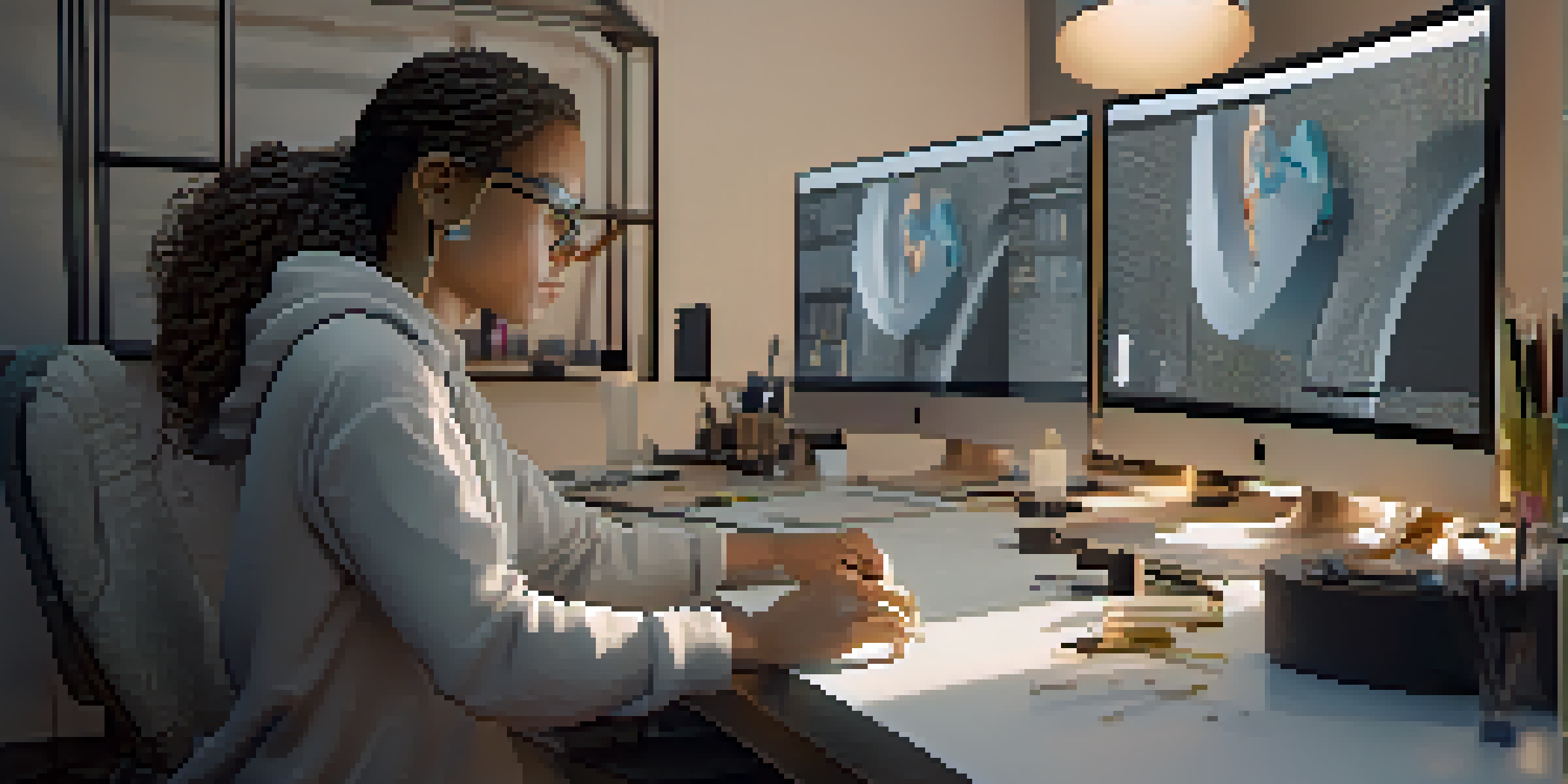 A digital sculptor refining a detailed 3D character model in a modern studio, surrounded by digital screens and sculpting tools.