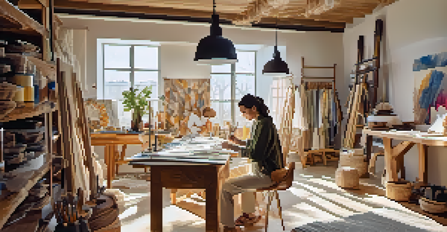 A fashion designer in a sunlit studio, sketching designs with sustainable materials and carved accessories displayed around.