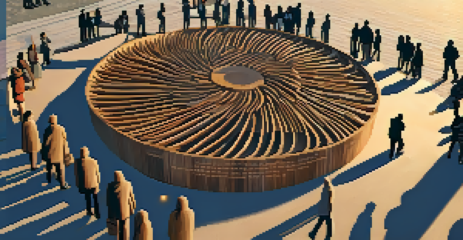 An outdoor installation of wooden carvings arranged in a circle, depicting themes of migration and displacement, illuminated by the warm glow of the setting sun.