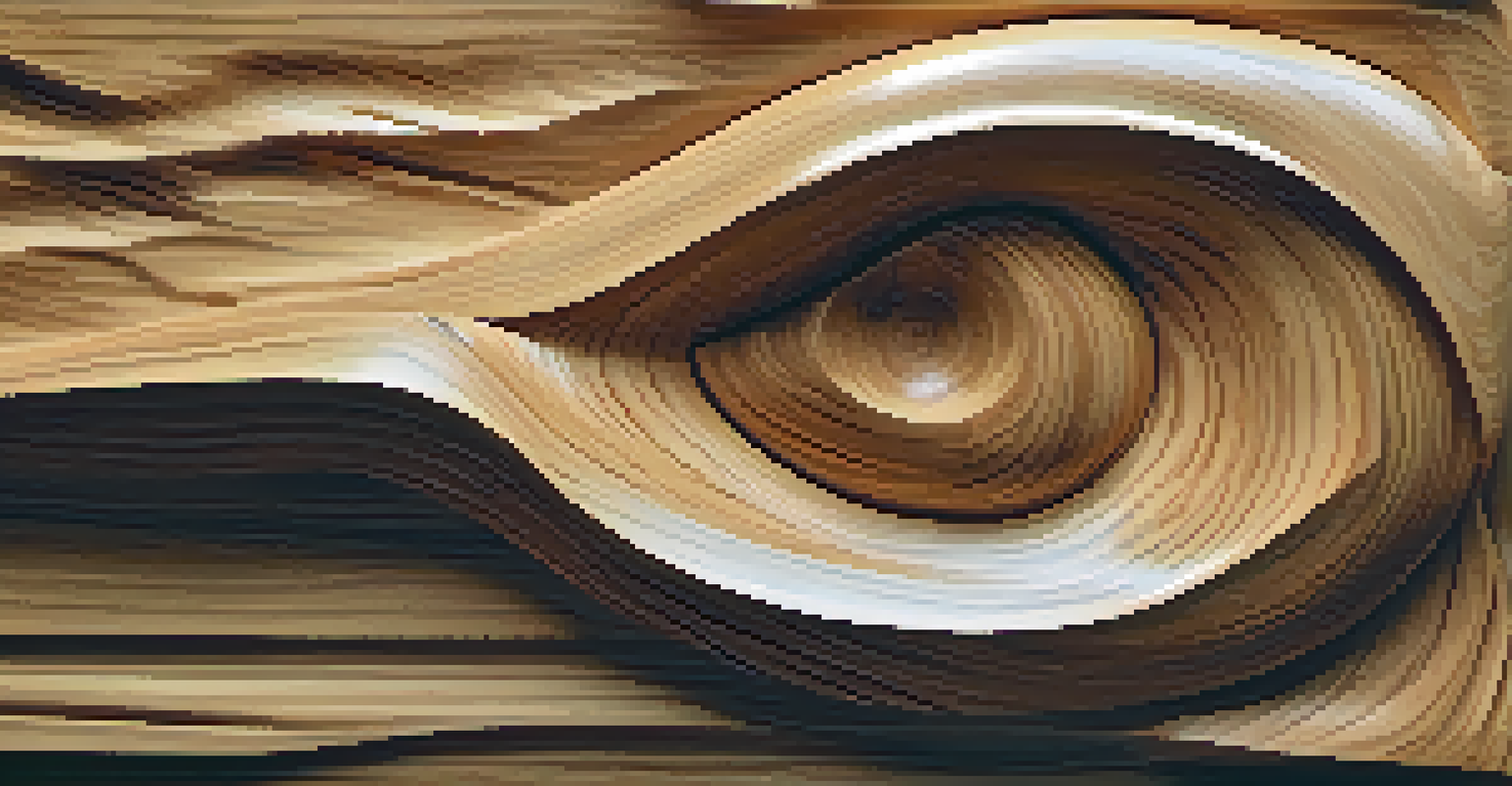 A close-up view of a wooden sculpture with intricate textures and organic forms, illuminated by soft light.