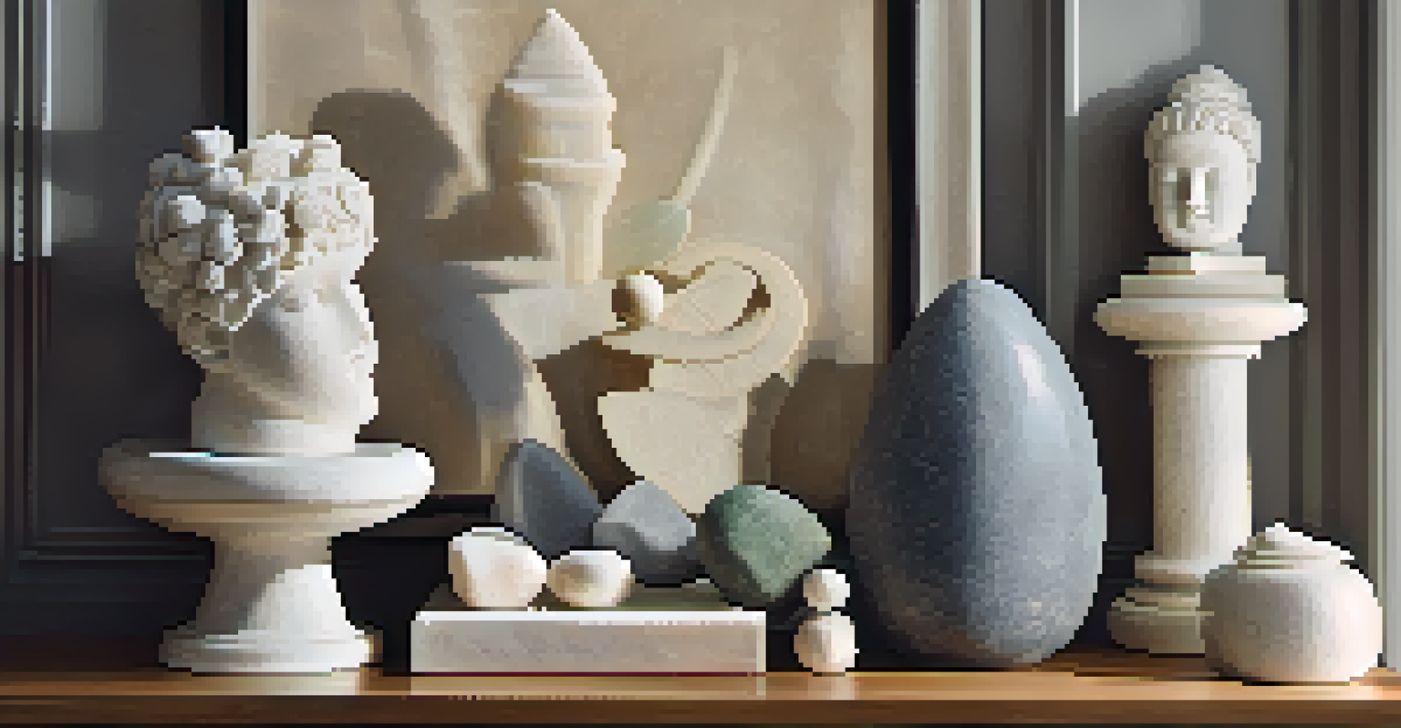 A workspace with carved stone sculptures and figurines, illuminated by natural light.