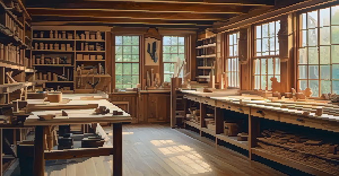 A woodcarver working diligently in a sunlit workshop, surrounded by tools and wood shavings, showcasing a peaceful crafting environment.