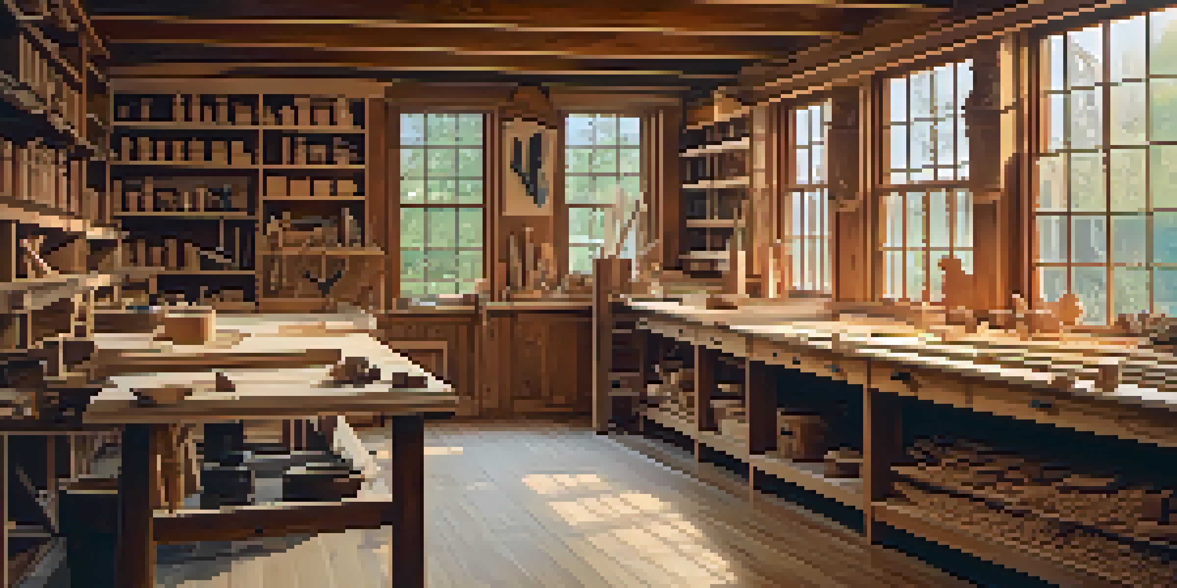 A woodcarver working diligently in a sunlit workshop, surrounded by tools and wood shavings, showcasing a peaceful crafting environment.