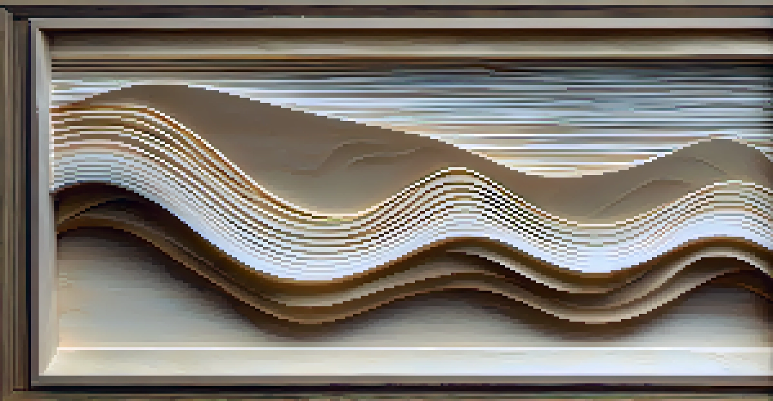 Carved waves flowing across a wooden panel with seashells scattered at the bottom, illuminated by soft light.