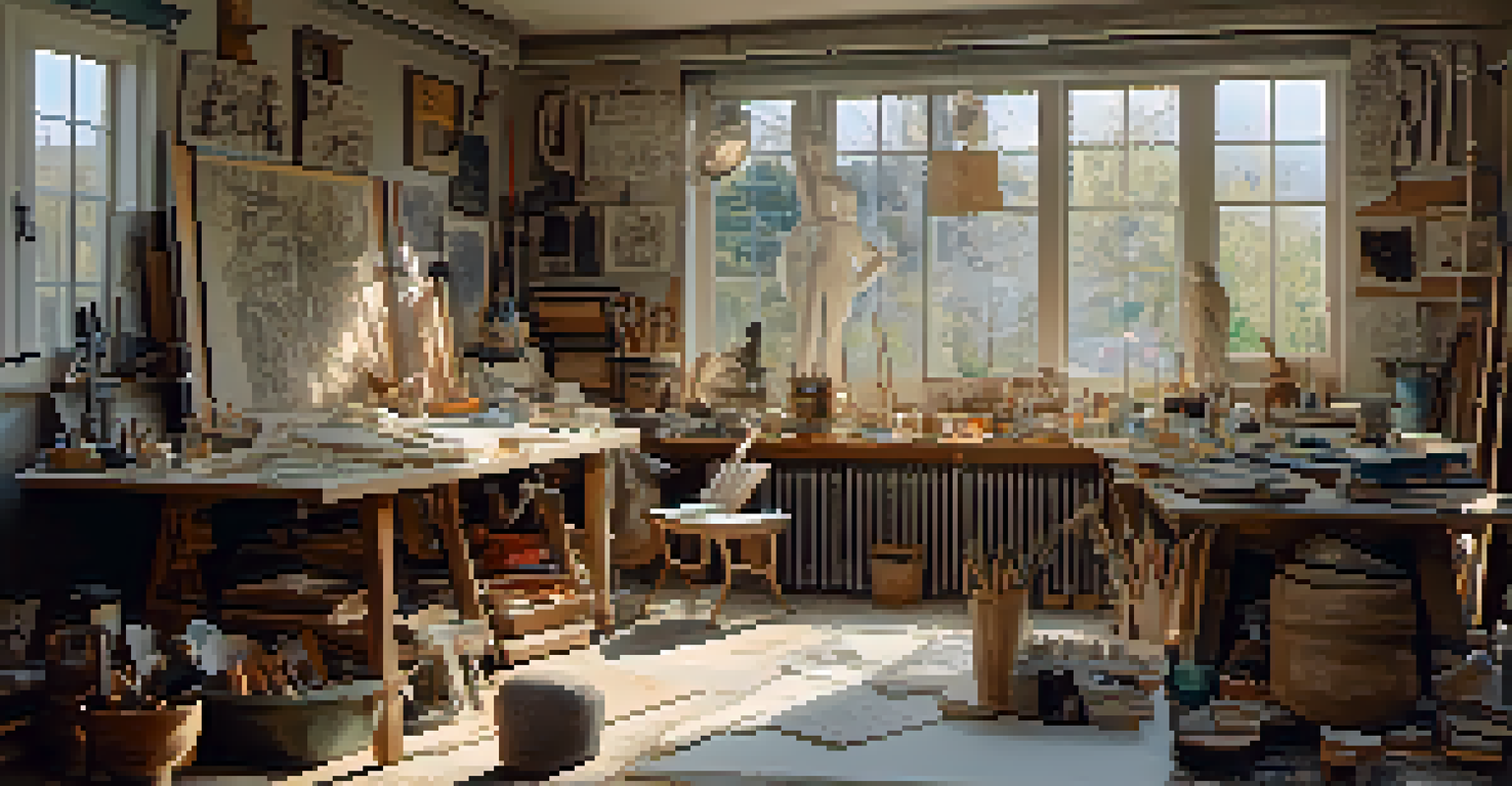 An artist's studio with a cluttered workspace featuring various carving materials and a partially finished sculpture illuminated by natural light.