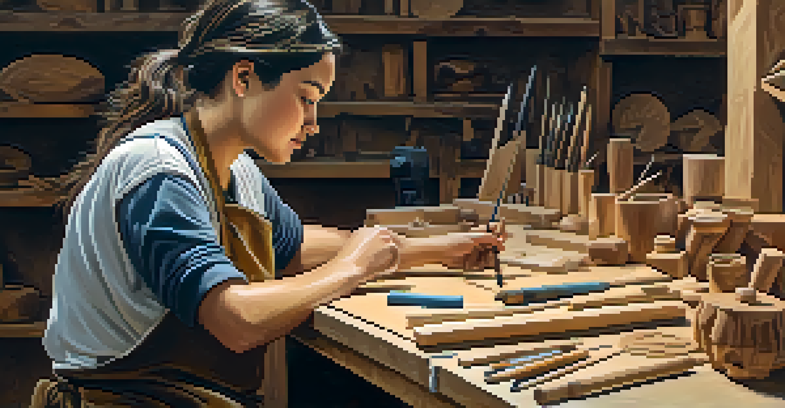 A female mentor demonstrating carving techniques to a young artist at a workbench, surrounded by carved pieces and tools.