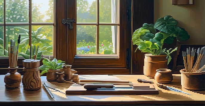 A peaceful woodworking space with a wooden table and various carving tools, illuminated by soft light, and a view of a garden outside.