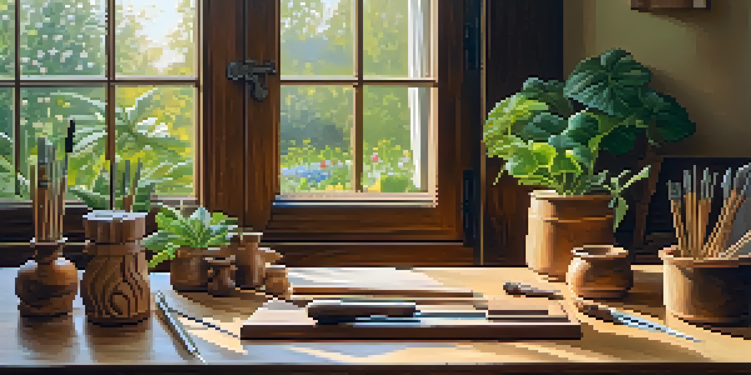 A peaceful woodworking space with a wooden table and various carving tools, illuminated by soft light, and a view of a garden outside.