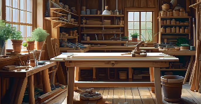 A cozy woodworking studio featuring a partially carved wooden sculpture, tools on a workbench, and potted plants.