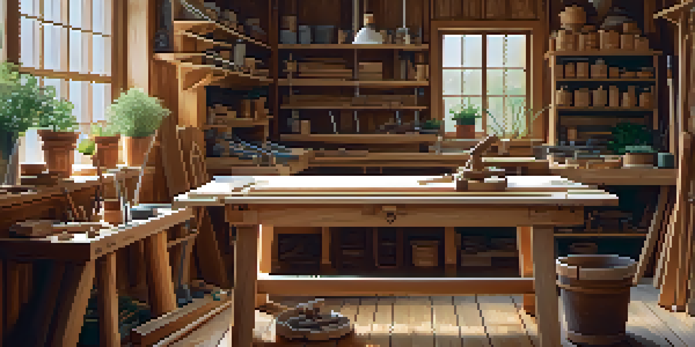 A cozy woodworking studio featuring a partially carved wooden sculpture, tools on a workbench, and potted plants.