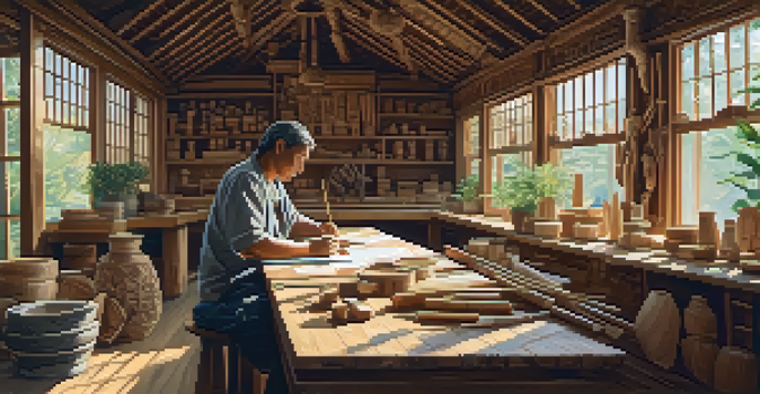 An artisan working in a workshop with eco-friendly carving materials, illuminated by natural light.