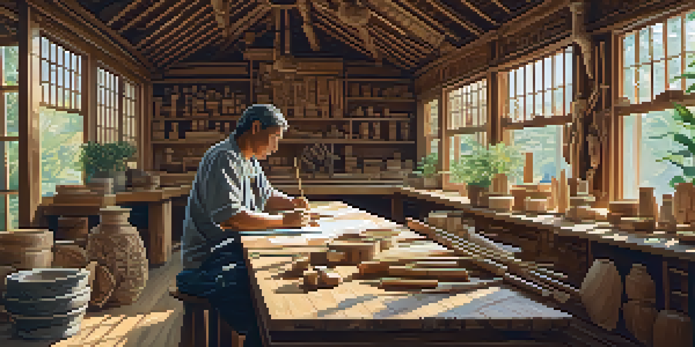 An artisan working in a workshop with eco-friendly carving materials, illuminated by natural light.