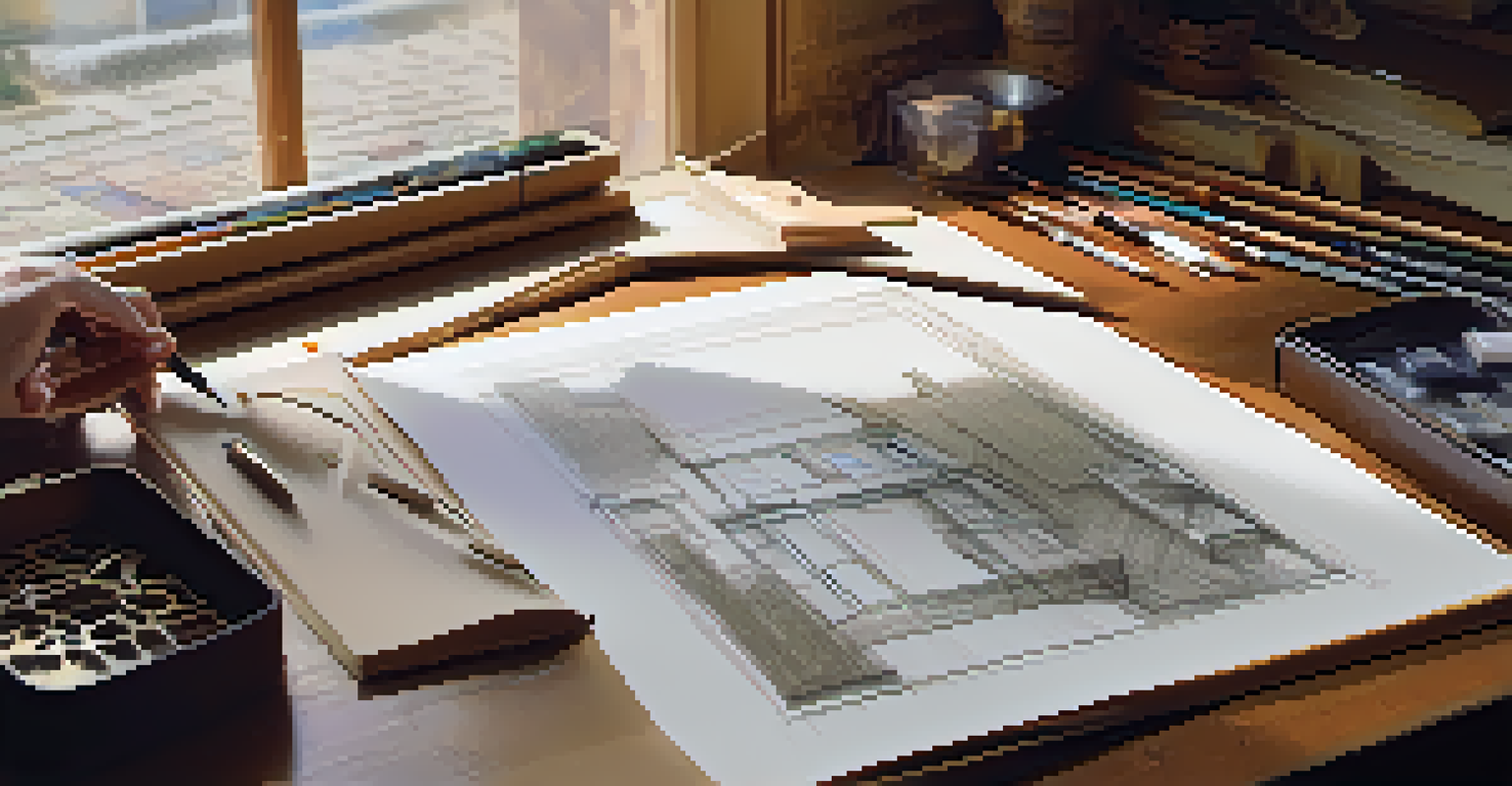 A jeweler sketching designs with a wax model and tools in soft daylight.