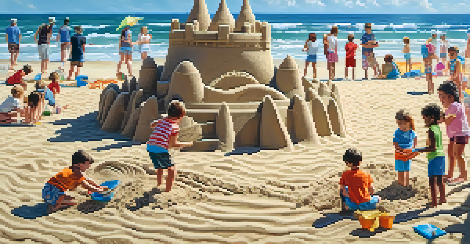 Artists collaborating to create a detailed sand sculpture on a sunny beach, with children and beach umbrellas in the background.